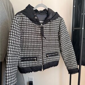 Moncler Black and White Tweed Hooded Puffer Jacket